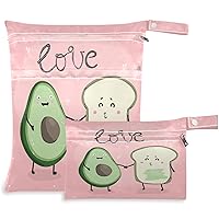 visesunny Avocado Sandwich Love 2Pcs Wet Bag with Zippered Pockets Washable Reusable Roomy Diaper Bag for Travel,Beach,Pool,Daycare,Stroller,Diapers,Dirty Gym Clothes,Wet Swimsuits,Toiletries