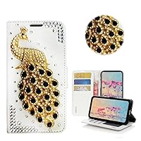 STENES Bling Wallet Phone Case Compatible with LG V50 ThinQ - Stylish - 3D Handmade Peacock Design Leather Cover with Screen Protector & Neck Strap Lanyard - Black
