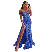 Sequin Prom Dresses Long - Off The Shoulder Mermaid Tulle Formal Evening Party Dresses with Slit