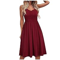 Women's Sleeveless Knee Length Solid Color Beach Flowy V-Neck Glamorous Dress Swing Casual Loose-Fitting Summer Wine