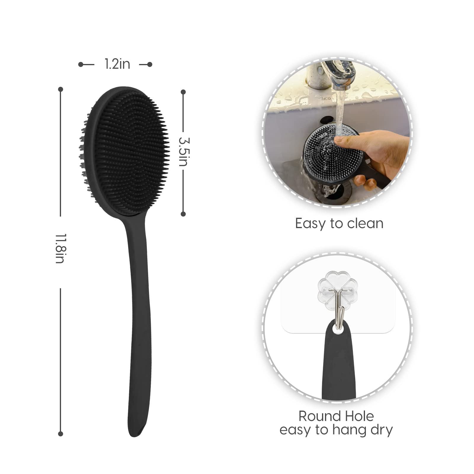 Silicone Back Scrubber for Shower, Bath Body Brush with Long Handle, Double Sided Shower Brush for Shower Exfoliating and Massage Can Produce Rich Foam, Long Handle Back Scrubber for Men and Women