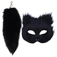 Therian Mask and Tail Set for Girls Halloween Cat Mask Tail Cosplay Fox Mask Wolf Tail… Black