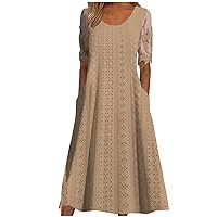 Womens Short Petal Sleeve V Neck Eyelet Crochet Midi Dress with Pockets Trendy Elegant Sexy Casual Summer Sundresses