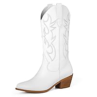 Ouepiano Cowboy Boots for Women Knee High Wide Calf Cowgirl Boots Embroidered Chunky Heels Pointed Toe Long Tall Western Boot Pull On