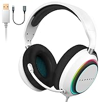 7.1 Surround Sound Gaming Headset for PS5, PS4, Switch, PC, Laptop, Tablet, Mobile Phone - USB Wired Gamer Headphone with Noise Canceling Mic - 4 Modes RGB - White Headset with C Cable