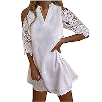 Women Lace Floral Half Sleeve Cold Shoulder T-Shirt Dress Summer Scallop Hem Fashion Casual Solid Swing Tunic Dress