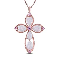 Amazon Collection Womens 14K Rose Gold over Sterling Silver Created Opal with Created Pink Sapphire Cross Pendant Necklace, 18