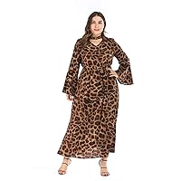 Women's Flare Long Sleeve Leopard Print Dress Tie Belt Long Maxi Dress Ankle Length (XXXL, Leopard)