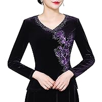 Velvet Tops for Women, Long Sleeve Sequins Rhinestone Embroidery Blouses Elegant Work Wedding Dinner Party Shirts