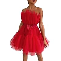 joysale Womens Off Shoulder Top Wedding Dress Pleated Mesh Party Mini Dresses Solid Color A-Line Swing Dress