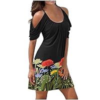 Sun Dresses for Women 2023 Beach Trendy Summer Floral Graphic Print Cold Shoulder Short Sleeve Mini Casual Dresses