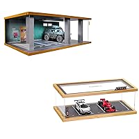 1/24 Scale and 1/64 Scale Hot Wheels Display Case Car Garage Moldel with LED Light and Acrylic Cover Wooden Diecast Car Show Case 3 Parking Spaces Green
