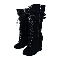 Frankie Hsu Sexy Unisex Wedge Knee High Heeled Wide Calf Long Boots, Black Suede Lace Up Buckle Classic Fashion Luxury Style, Big Large Size US4-19 Dressy Shoes For Women Men