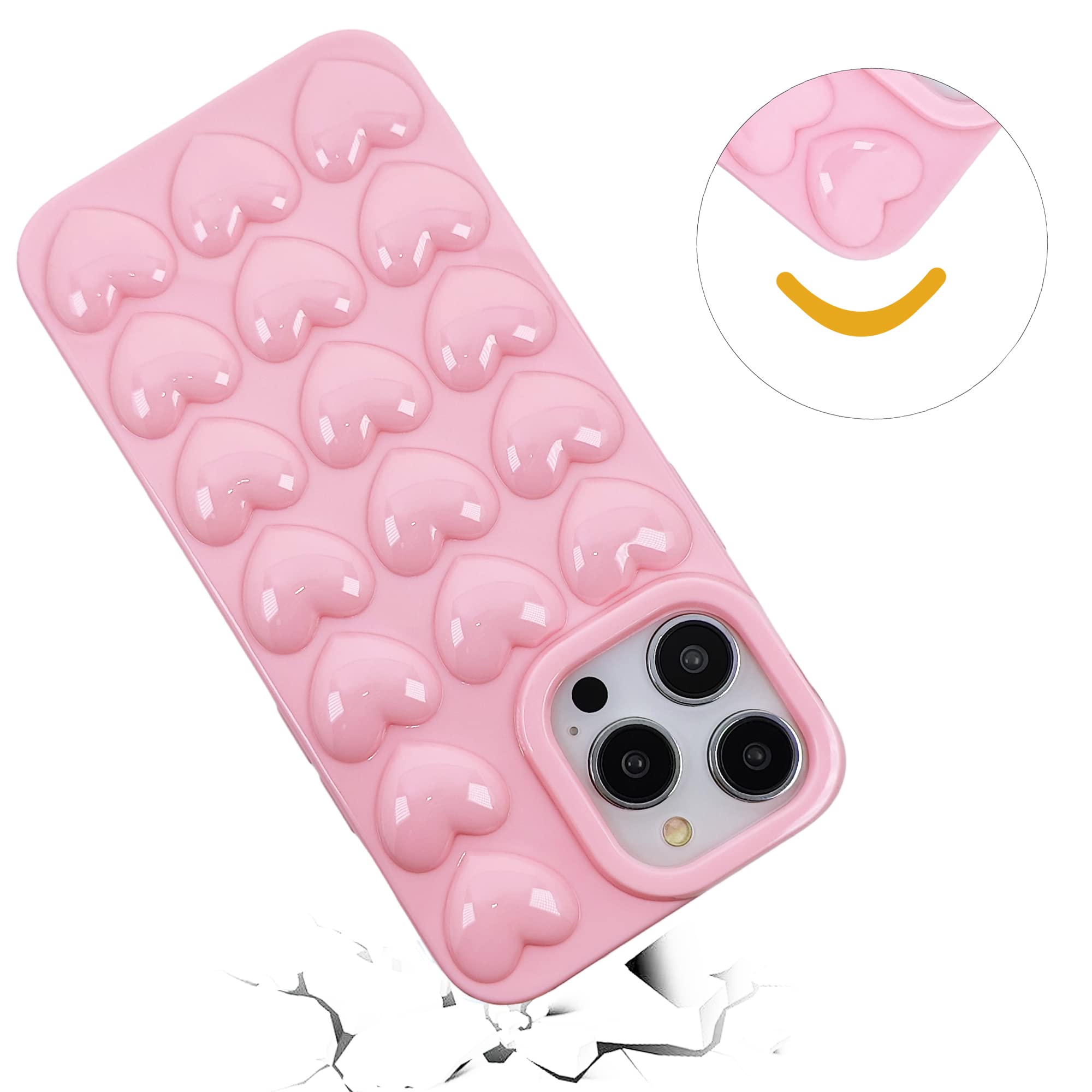 DMaos iPhone 15 Pro Max Case for Women, 3D Pop Bubble Heart Kawaii Gel Cover, Cute Girly for iPhone15 Pro Max 6.7 inch - Pink