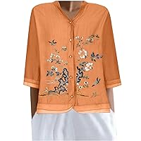 Women Chinese Embroidered Shirts Women 3/4 Sleeve Button Up Bohemian Blouse Summer Flowy Tulle Casual Fit Tee Tops