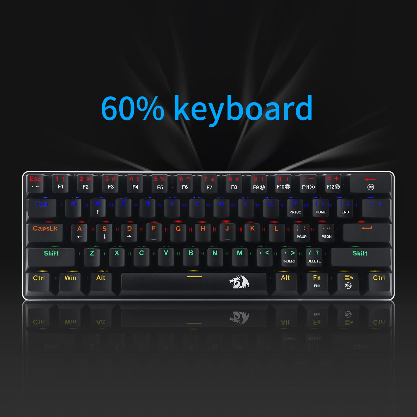 Redragon K613 60% Mini Mechanical Gaming Keyboard 61 Key Tenkeyless Rainbow LED Backlit Wired Computer Keyboard with Blue Switches for Windows PC