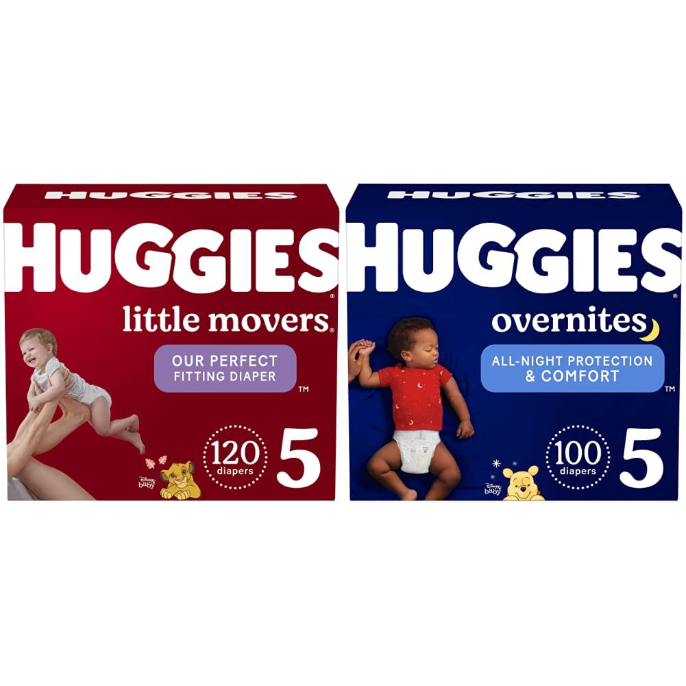 Baby Diapers Bundle: Huggies Little Movers Diapers Size 5 (27+ lbs), 120ct & Huggies Overnites Diapers Size 5 (27+ lbs), 100ct