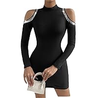 Women's Dresses Contrast Sequin Cold Shoulder Bodycon Dress - Elegant Spaghetti Strap Mini Dress Dress for Women