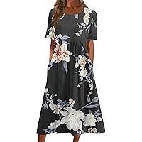 Casual Dresses for Women Summer Printed Pleated Round Neck Midi Dresses Basic Short Sleeve Loose Dresses