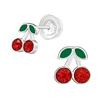 Hypoallergenic 925 Sterling Silver Cherry Fruit Stud Earrings Adorned with Crystals with Comfort Fit Push Back Closings for Girls and Women