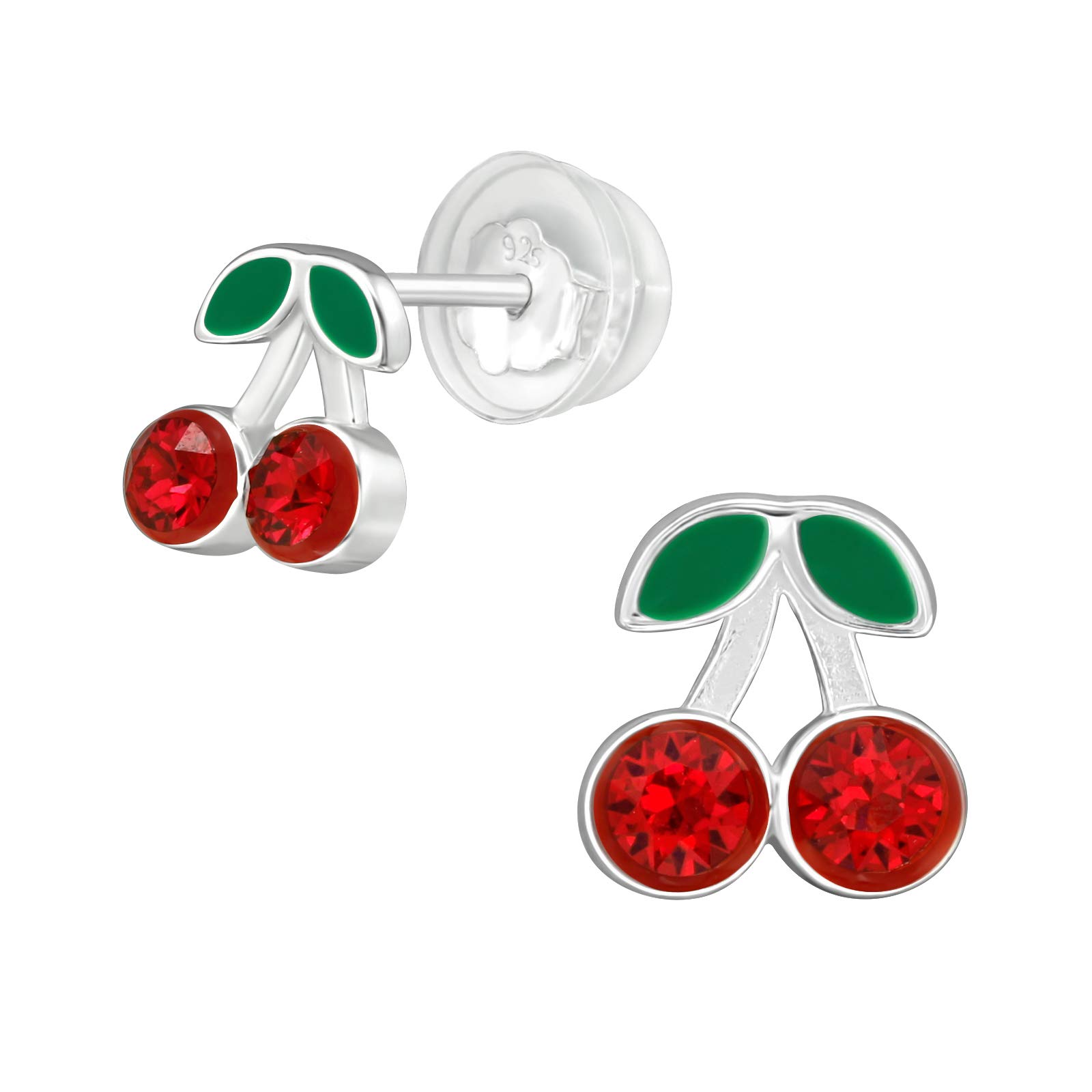 AUBE JEWELRY Hypoallergenic 925 Sterling Silver Cherry Fruit Stud Earrings Adorned with Crystals with Comfort Fit Push Back Closings for Girls and Women
