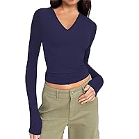 Women's T-Shirts V Neck Long Sleeve Basic Tee Slim Fitted Fall Winter Layer Tops Sexy Crop Top Undershirts Y2K Clothes