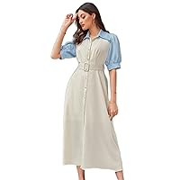 Dresses for Women - Colorblock Button Front Belted Shirt Dress
