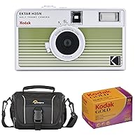 Kodak EKTAR H35N Half Frame Film Camera, Striped Green, Bundle with Kodacolor Gold 200 35mm Color Negative Roll Film and Shoulder Bag