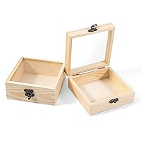 2Pcs Small Wood Box with Lid, 4.5'' x 4.5'' x 1.8'' Unfinished Wood Gift Box with Glass Lid, Tiny Wooden Box for Gift and Home Decorations