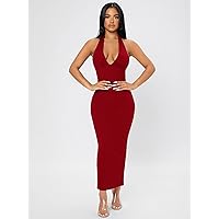 Dresses for Women Women's Dress Ribbed Knit Tie Backless Halter Bodycon Dress Dresses (Color : Burgundy, Size : XX-Small)