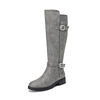 ALLOT Women's Knee High Boots Stretchy Fashion Riding Boot Flat Low Heel Buckle Strap Winter Motorcycle Shoes