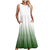 Amazon Outlet Store Clearance for Woman Women Sleeveless T-Shirt Dress with Pockets Loose Fitting Casual Long Dresses Tiered Ruffle Swing Tank Maxi Dress Robe D ETE Pour Femme Green