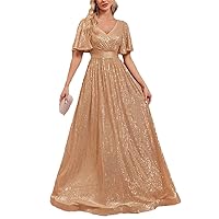 Women V Neck Short Sleeves Gold Evening Dresses Sequins Wedding Party A-Line Prom Maxi Cocktail Dresses Gown