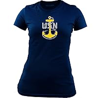 Women's Officially Licensed Distressed Navy E7 Chief Petty Officer Rank T-Shirt