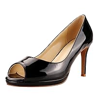 Women's Patent Leather Sexy Slip On Peep Toe High Heel Dress Pumps Chic Glossy Open Toe Stiletto Heel Platform Sandals