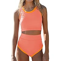 Pink Queen Women's High Waisted Bikini Sets Crew Neck Sporty 2 Piece Swimsuits Color Block High Cut Bathing Suit
