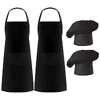 Hyzrz 2 Pack Chef Apron Hat Set, Adjustable Bib Cooking Aprons Water Drop Resistant Baker Kitchen Cooking for Women Men Father's Gift (Black)