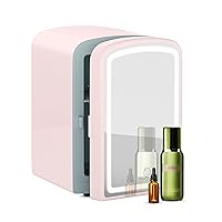 Mini Fridge for Skin Care, 4 Liter Portable Small Fridge with Dimmable LED Mirror, Hot or Cold Personal Beauty Refrigerator for Bedroom, Office, Car, Makeup(Pink)