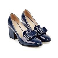 MOOMMO Women Chunky Heel Pumps Bowknot Patent Leather Loafers Round Closed Toe Sandals 3.5 Inch High Block Heel Slip On Summer Casual Office Dress Shoes Size 4-11 M US
