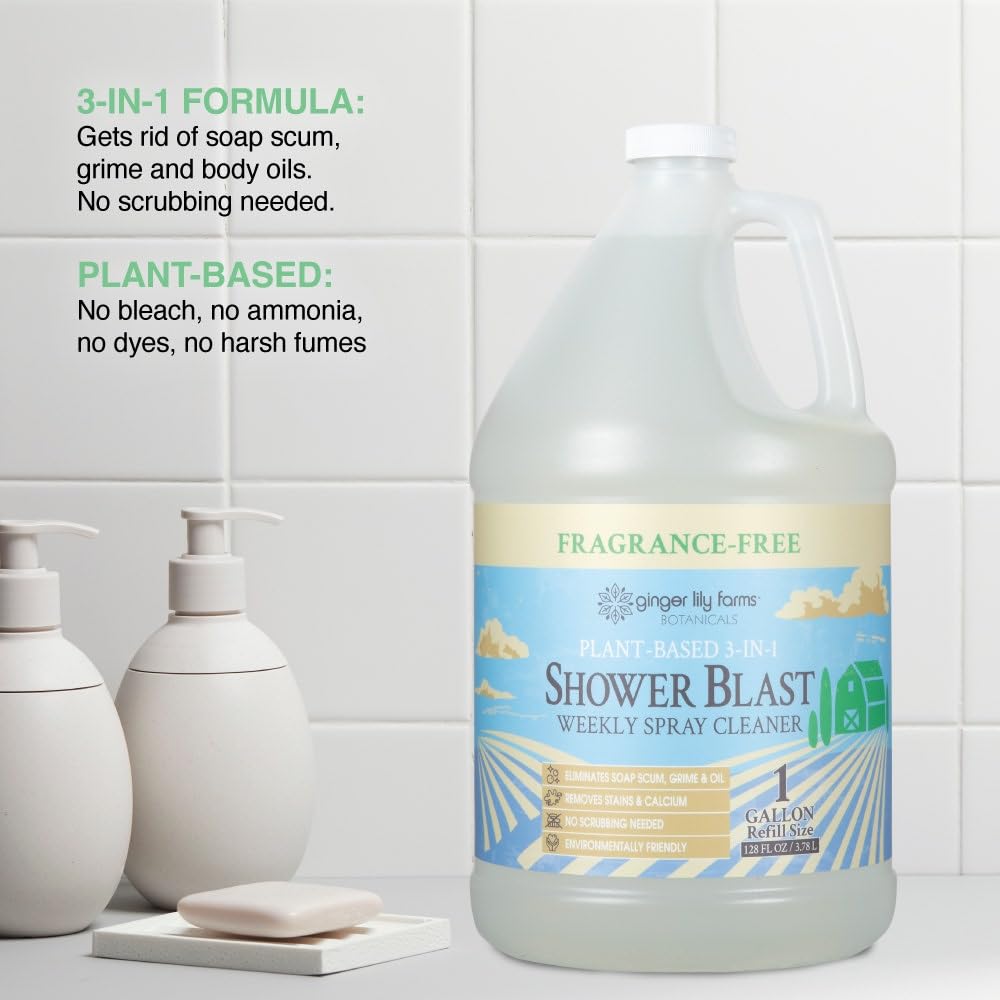 Ginger Lily Farms Botanicals Plant-Based 3-in-1 Shower Blast Weekly Spray Cleaner, 100% Vegan & Cruelty-Free, Fragrance-Free, 1 Gallon (128 fl. oz.) Refill