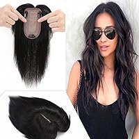 Hairro Clip in Silk Base Hair Topper Human Hair with Bangs for Women 6 Inch Short Natural Black Clip on Hairpiece 7x13cm Base Hair Toupee Extensions with 3 Clips for Thinning Hair #1B