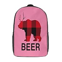 Buffalo Plaid Deer Beer Print 17 Inch Daypack Travel Laptop Backpack Unisex Large Capacity Shoulder Backpacks Funny Graphic