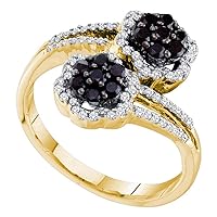 TheDiamondDeal 14kt Yellow Gold Womens Round Black Color Enhanced Diamond Flower Cluster Bypass Ring 1/2 Cttw