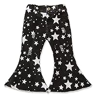 Kids Girls Fashion Flare Jeans Elastic Waist Ripped Stars Pattern Print Denim Pants Bell Bottoms Casual Trousers