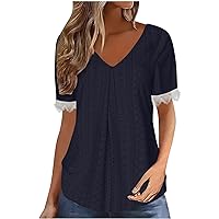 Womens Tops Eyelet Embroidery Summer Fashion Clothes Y2K Going Out Casual Lace Trim Short Sleeve Blouse T Shirts