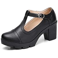 DADAWEN Women's Leather Classic T-Strap Platform Chunky Mid-Heel Mary Jane Square Toe Oxfords Dress Pump Shoes