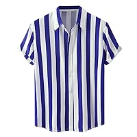 Men's Short Sleeve Hawaiian Shirts Cotton Linen Button Down Striped Tee Tops Classic Fit Beach Bowling Dress Shirt