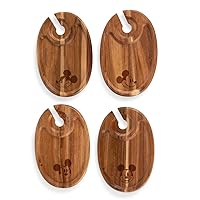 PICNIC TIME Disney Mickey Mouse Wine Appetizer Plate Set of 4, Cocktail Plate with Glass Holder, Cheese Board with Wine Holder, (Acacia Wood), 9 x 6