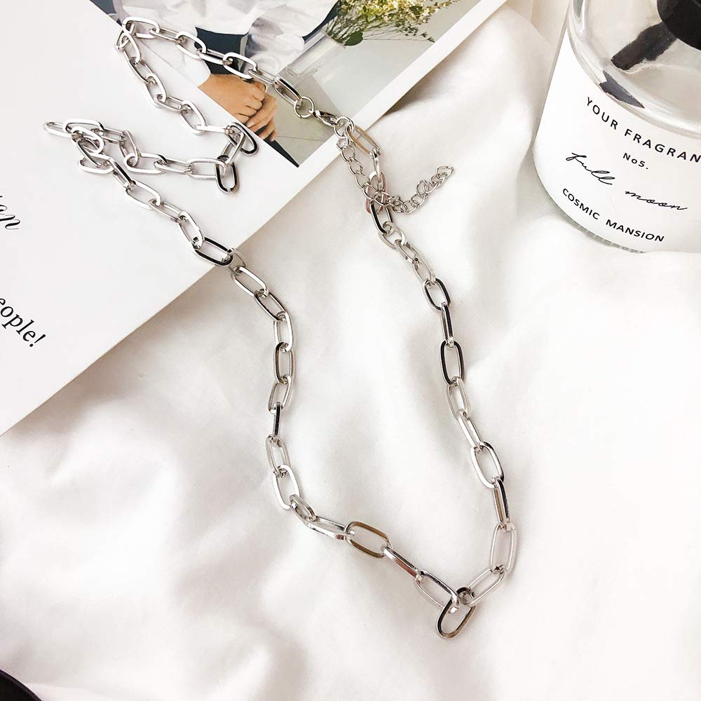 Qiuseadu 7th Moon Lock Pendant Necklace Statement Long Chain Punk Multilayer Choker Necklace for Women Girls (Punk Layered Silver)