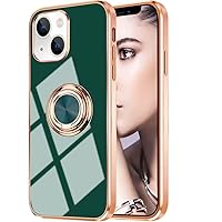 Omorro Compatible with Rose Gold iPhone 14 Case for Women Girls Kickstand Ring Holder 360 TPU Rotation Ring Case with Stand Plating Edge Work with Magnetic Mount Slim Luxury Case, Green